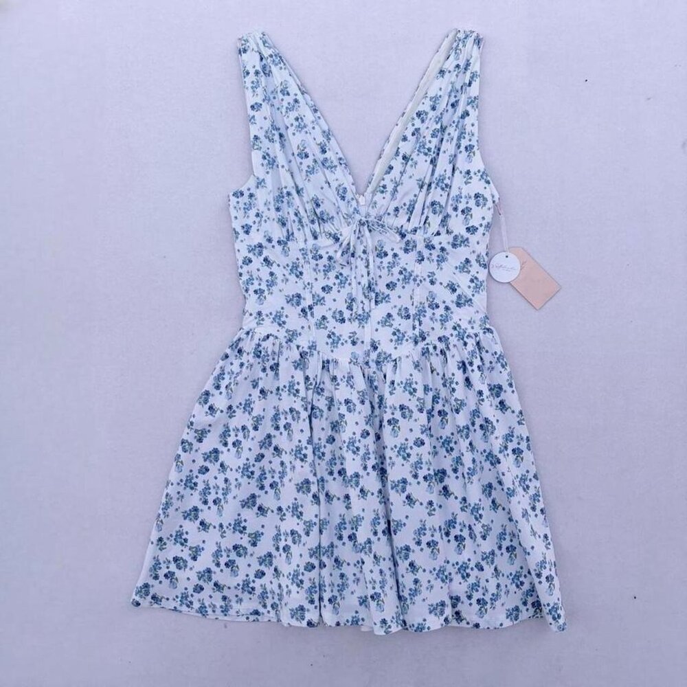 NWT Blāshe White Blue Dainty Floral V-neck Corset Bustier Ruffle Mini Dress Sz M
